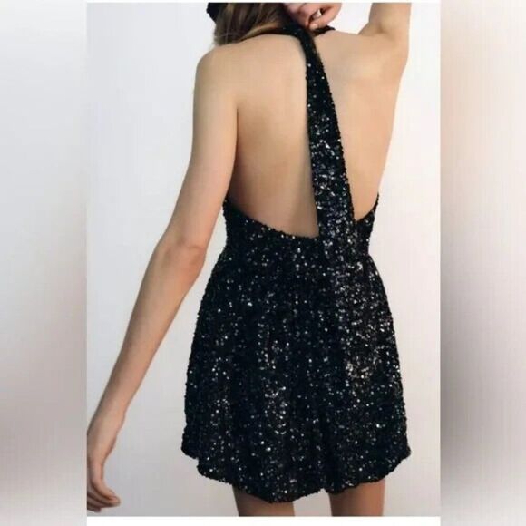 Zara Women Mini Dress XS Black Sequin Halter Party Cocktail 9808/574 NWOT - Picture 4 of 11